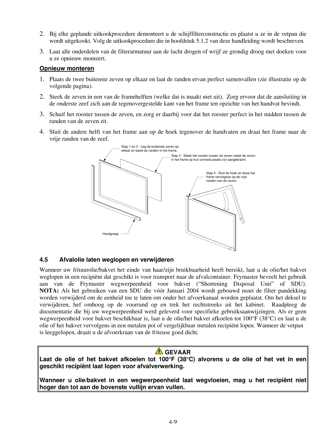 Frymaster Pro Series manual Opnieuw monteren, Afvalolie laten weglopen en verwijderen 