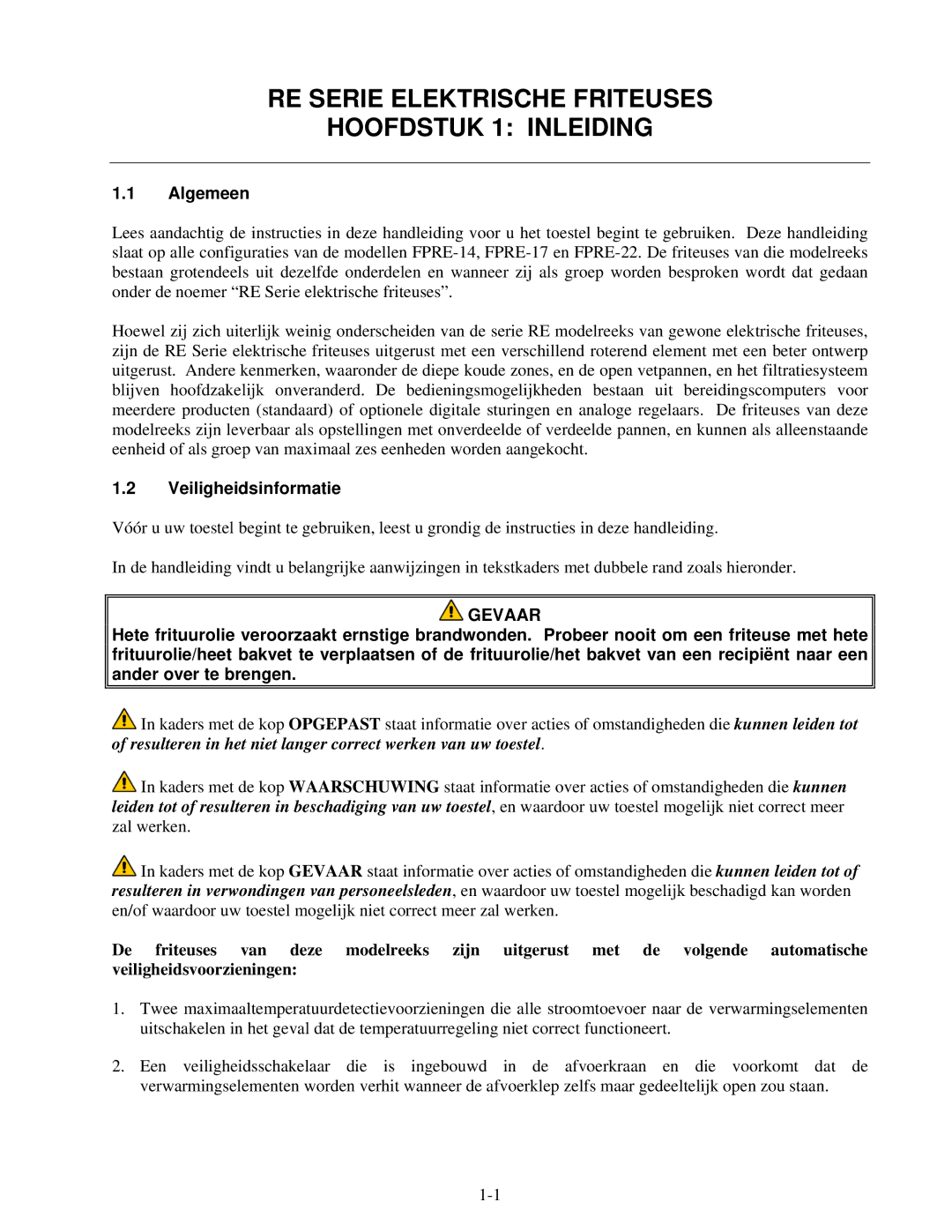 Frymaster Pro Series manual Algemeen, Veiligheidsinformatie 