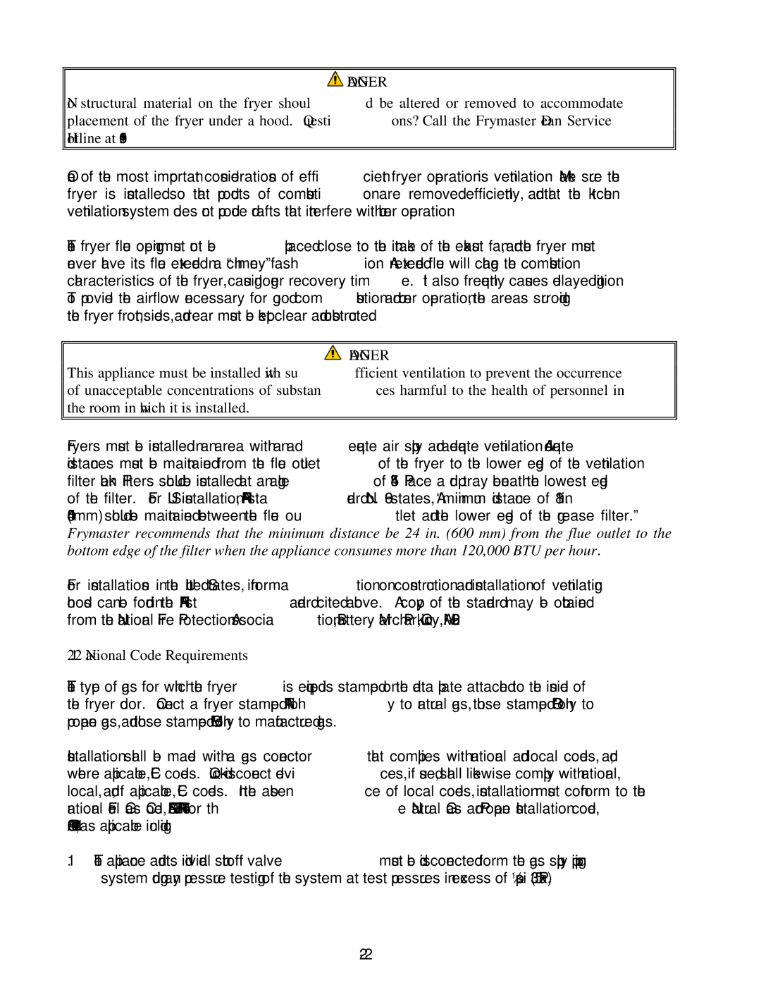 Frymaster Protector Series operation manual National Code Requirements 