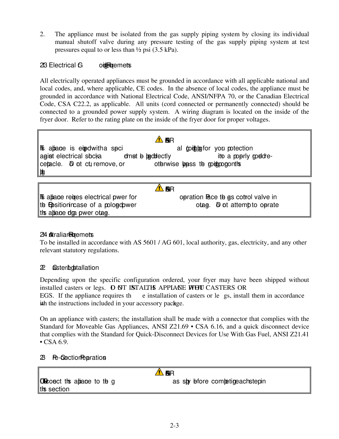 Frymaster Protector Series operation manual Electrical Grounding Requirements, Caster/Leg Installation 