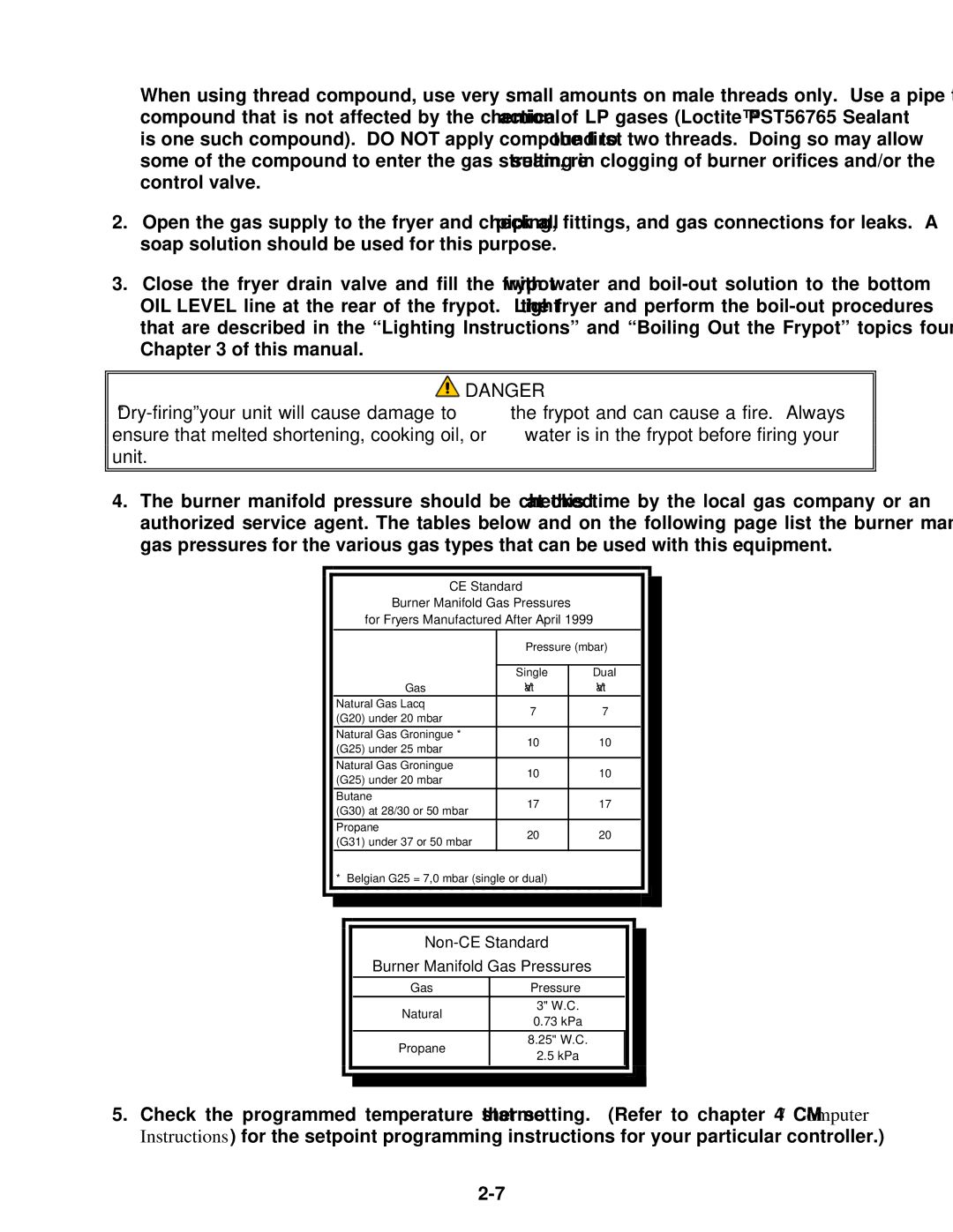 Frymaster Protector Series operation manual Non-CE Standard Burner Manifold Gas Pressures 