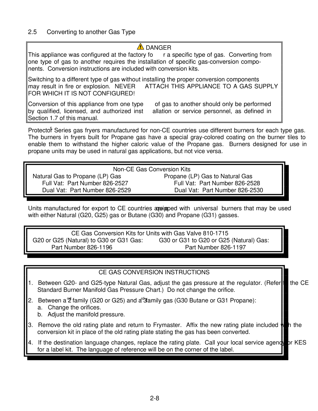 Frymaster Protector Series operation manual Converting to another Gas Type, CE GAS Conversion Instructions 