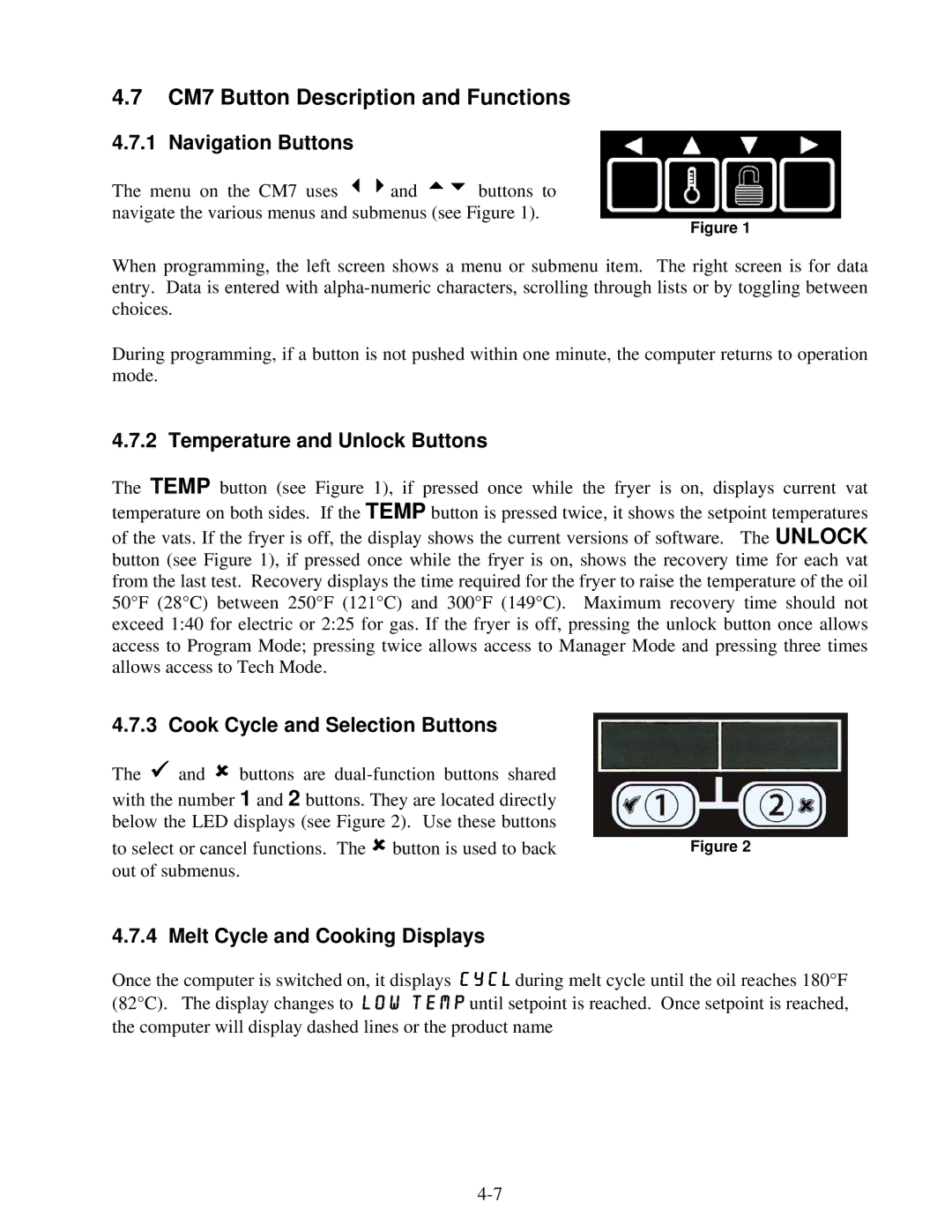 Frymaster Protector Series operation manual CM7 Button Description and Functions, Navigation Buttons 