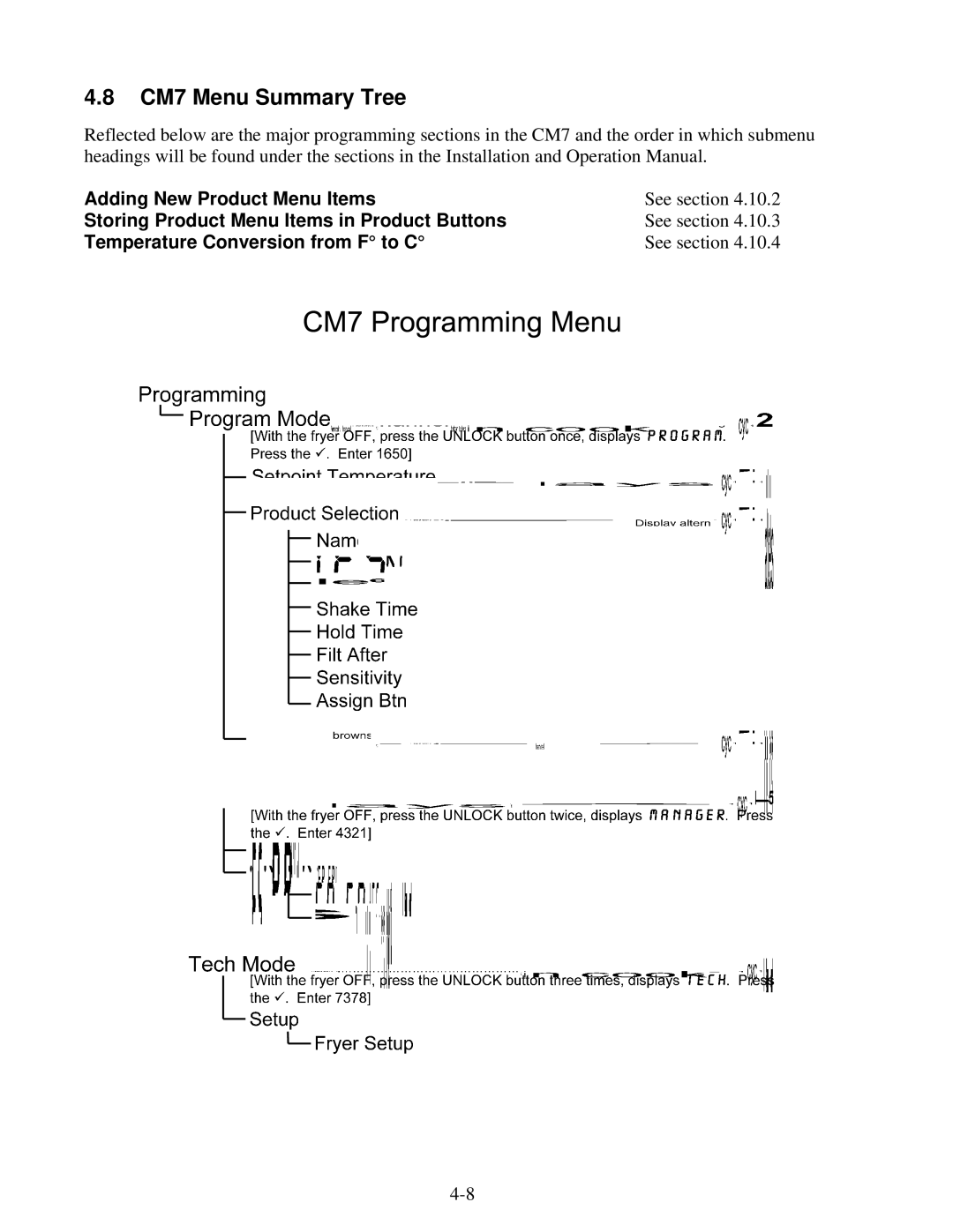 Frymaster Protector Series CM7 Menu Summary Tree, Adding New Product Menu Items, Temperature Conversion from F to C 