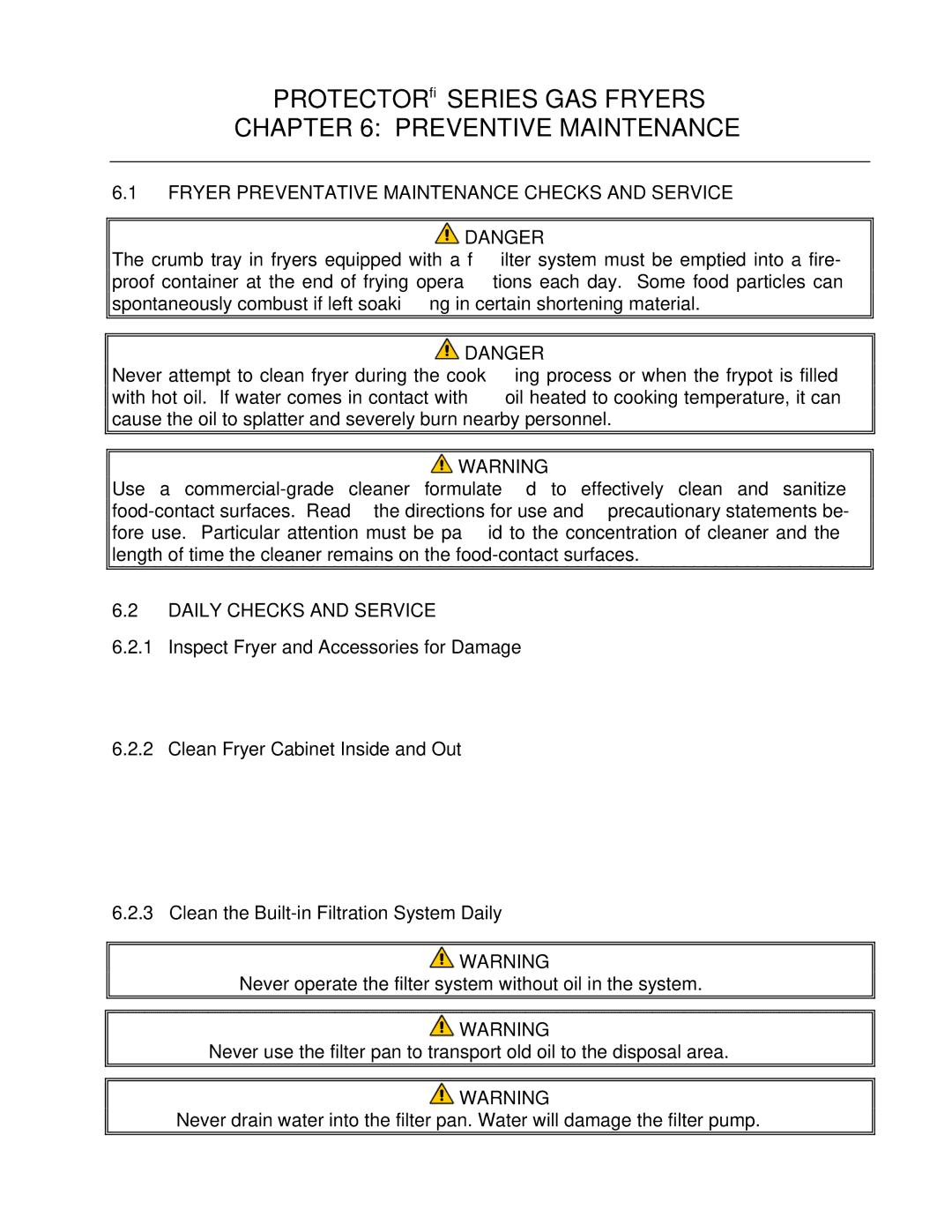 Frymaster Protector Series operation manual Fryer Preventative Maintenance Checks and Service, Daily Checks and Service 