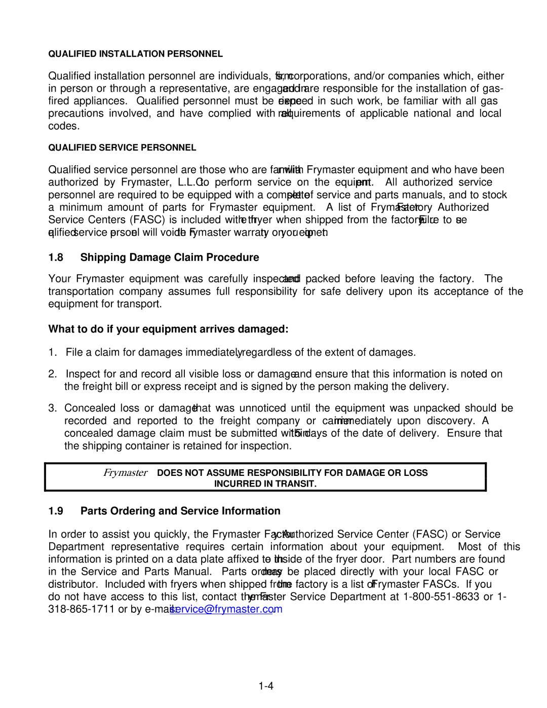 Frymaster Protector Series operation manual Shipping Damage Claim Procedure, What to do if your equipment arrives damaged 