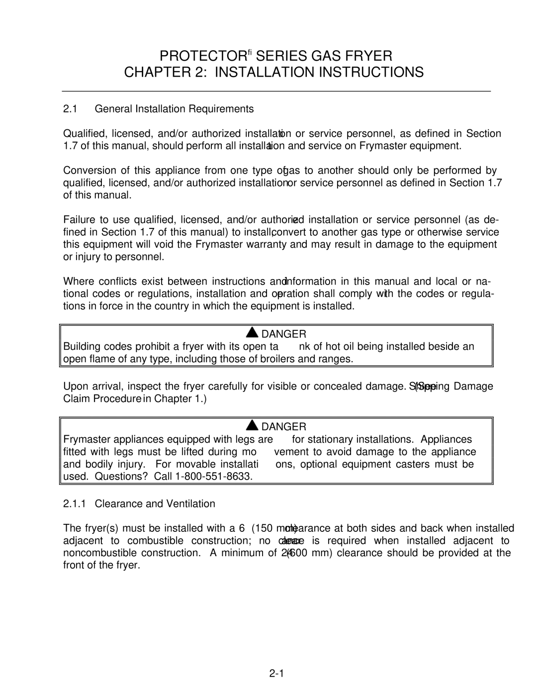 Frymaster Protector Series General Installation Requirements, Do not block the area around the base or under the fryers 