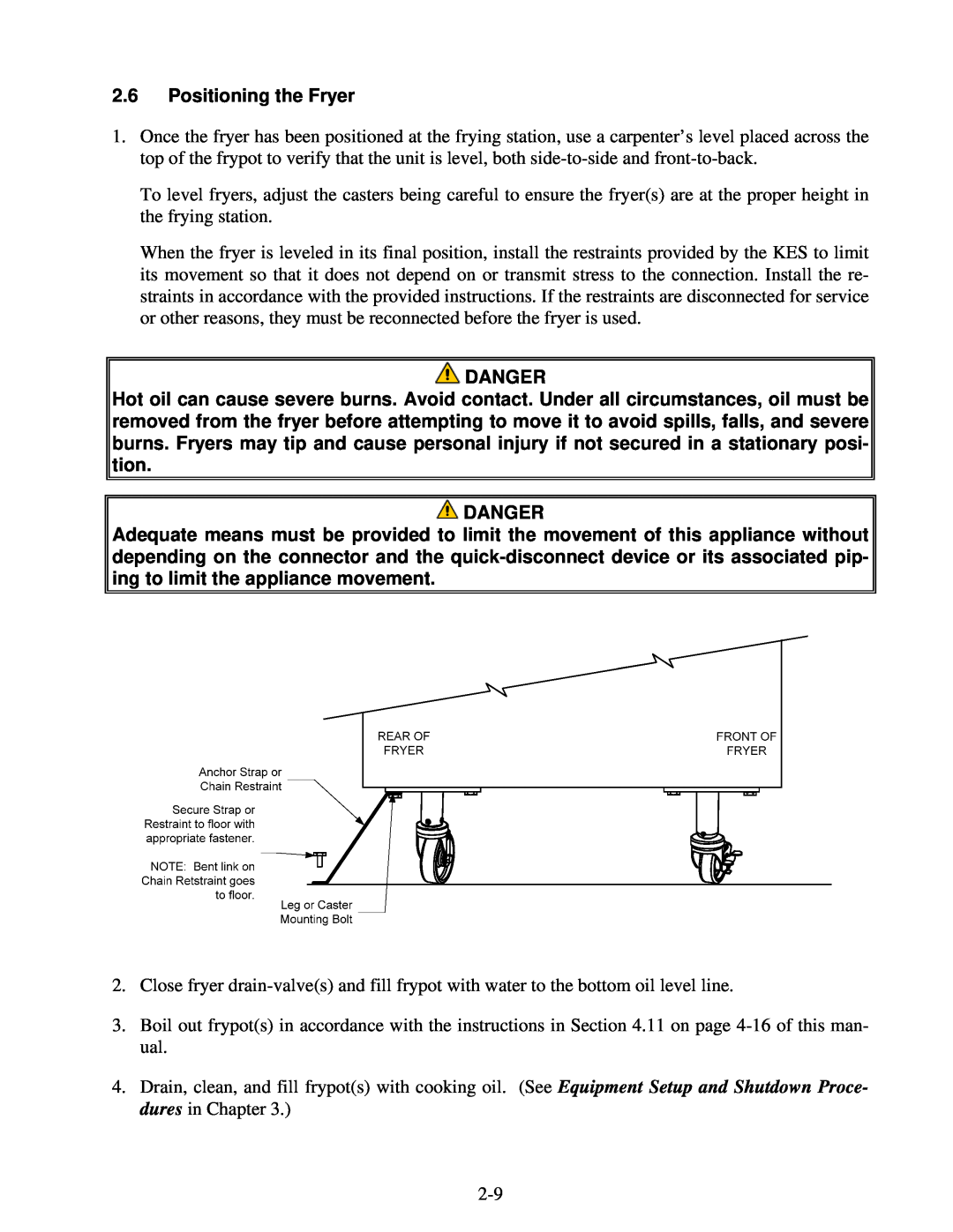 Frymaster Protector Series operation manual 2.6Positioning the Fryer, Danger 
