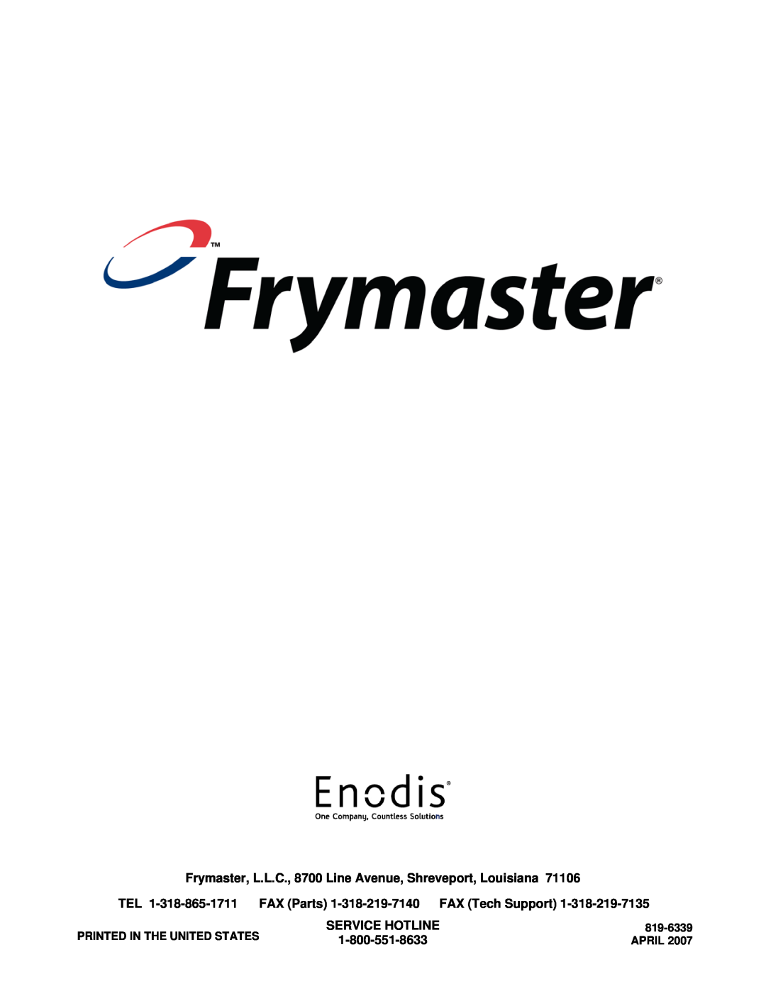 Frymaster Protector Series operation manual Service Hotline, 819-6339, April 