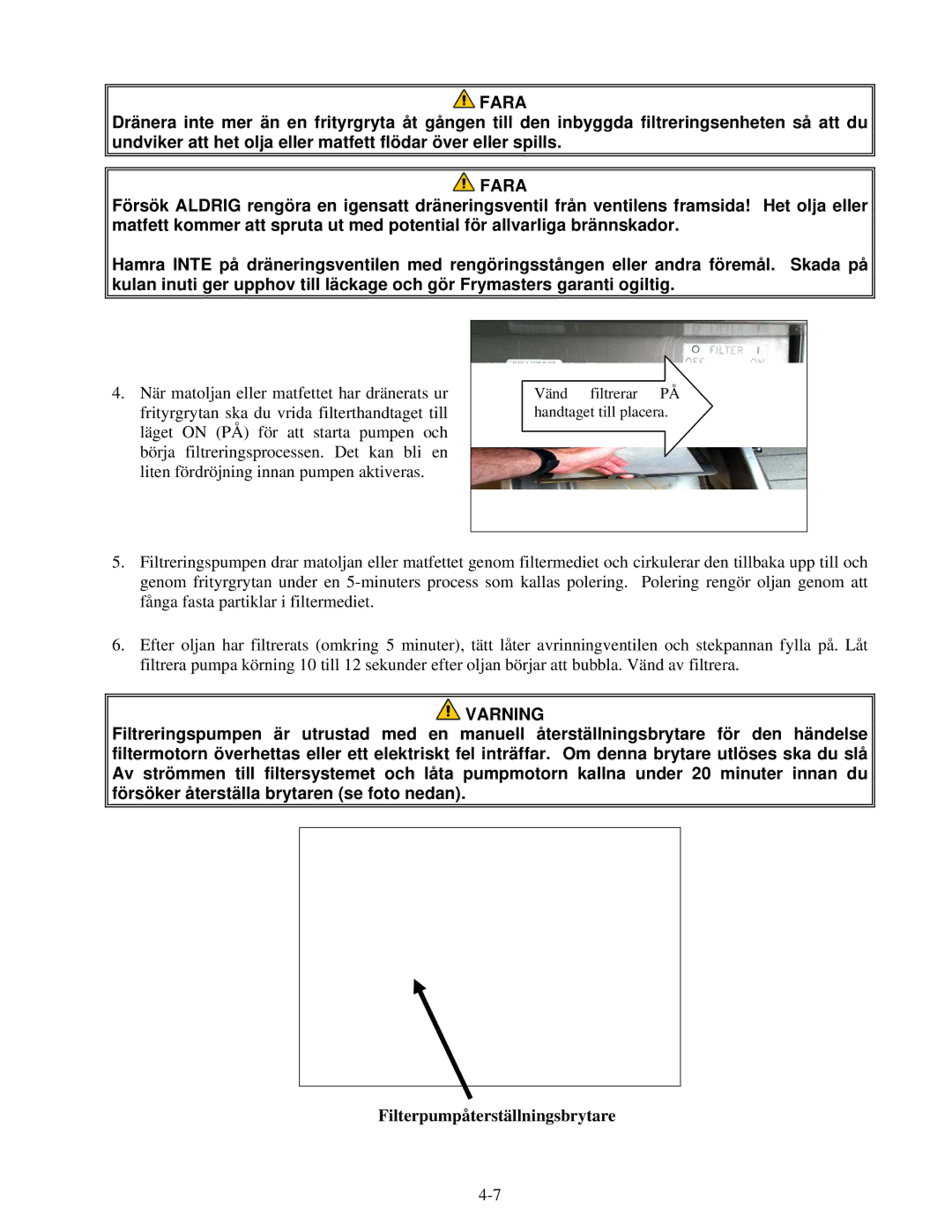 Frymaster RE Series manual Filterpumpåterställningsbrytare 