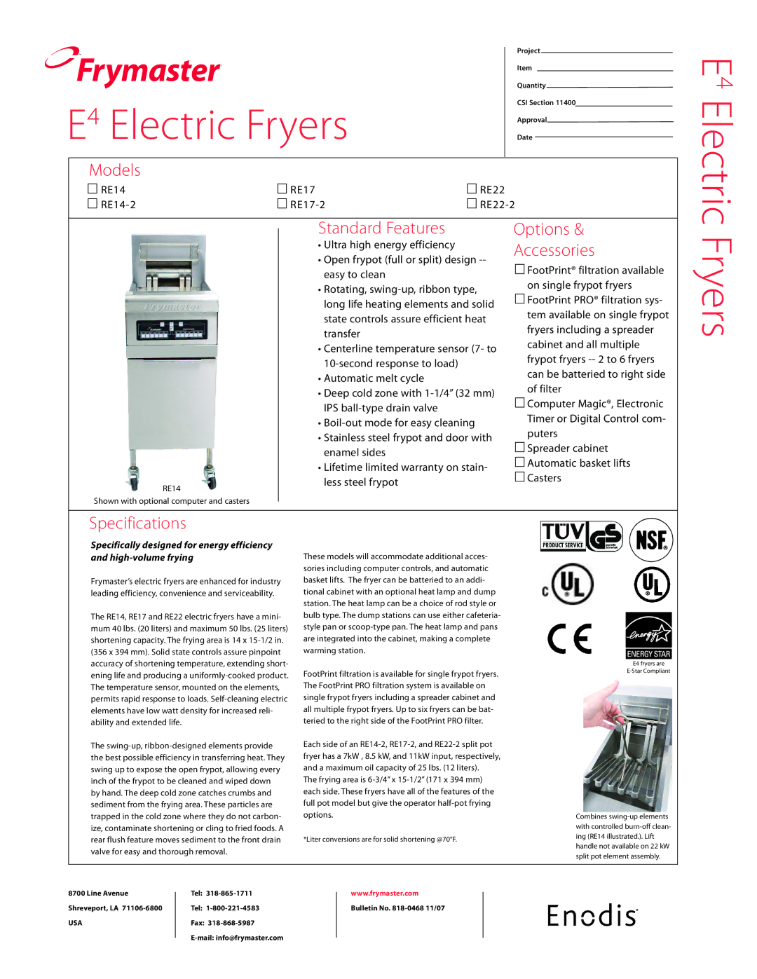 Frymaster RE14-2, RE22-2, RE17-2 specifications E4 Electric Fryers 