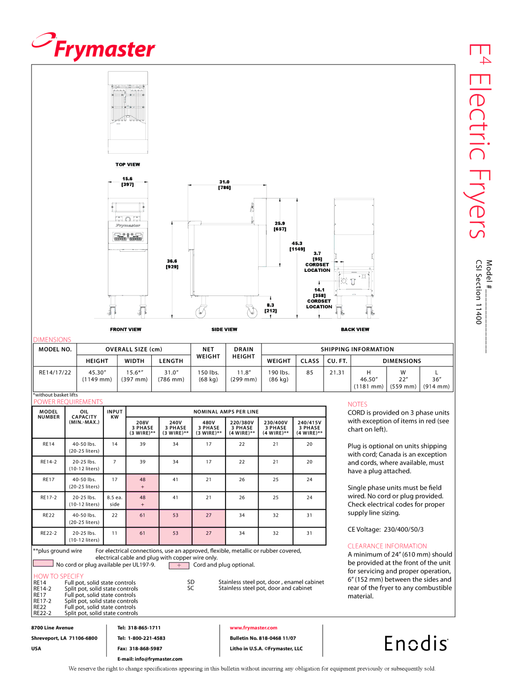 Frymaster RE22-2, RE14-2, RE17-2 specifications Dimensions, Power requirements, How to specify, Cord and plug optional 