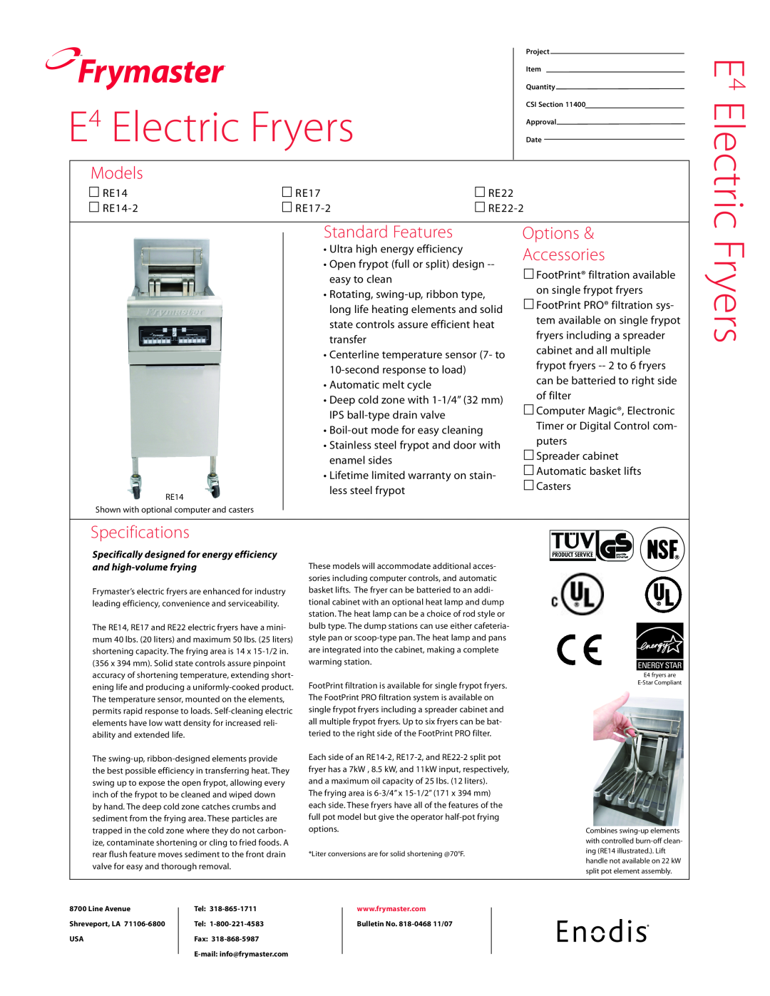 Frymaster RE22, RE14-2, RE17 specifications Frymaster, E4 Electric Fryers, Models, Standard Features, Options, Accessories 