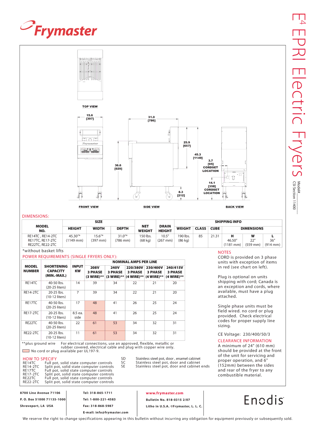 Frymaster RE22TC, RE17-2TC, RE17TC, RE14-2TC, RE14TC, RE22-2TC specifications Clearance Information, HOW to Specify 