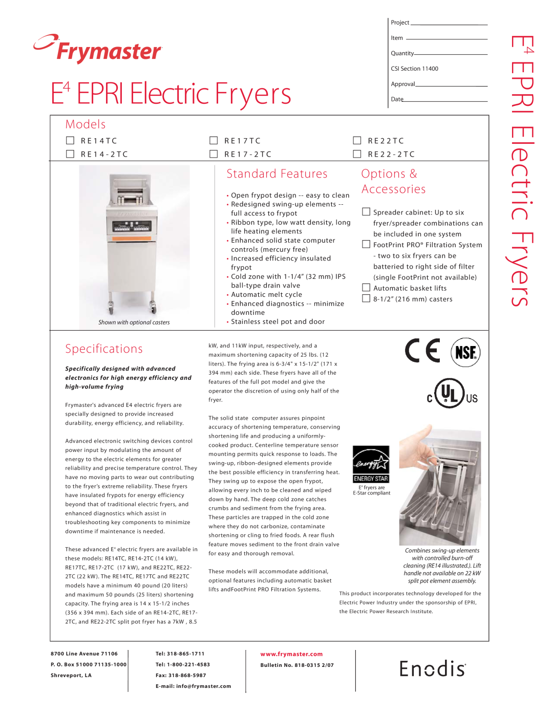 Frymaster RE17TC specifications Frymaster, E EPRI Electric Fryers, Models, Standard Features, Options & Accessories 