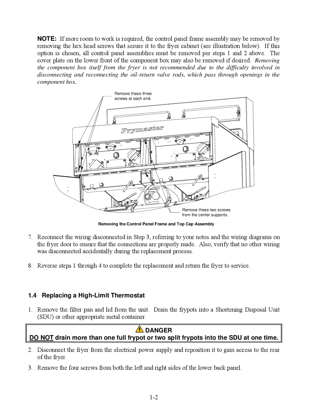 Frymaster RE80 manual Replacing a High-Limit Thermostat 