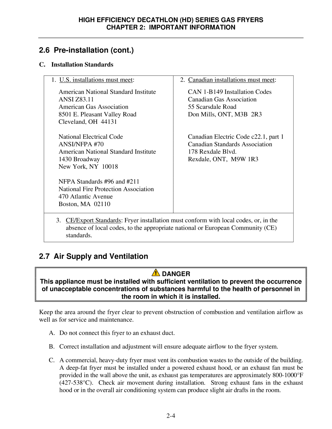 Frymaster SCFHD operation manual Air Supply and Ventilation, Installation Standards 