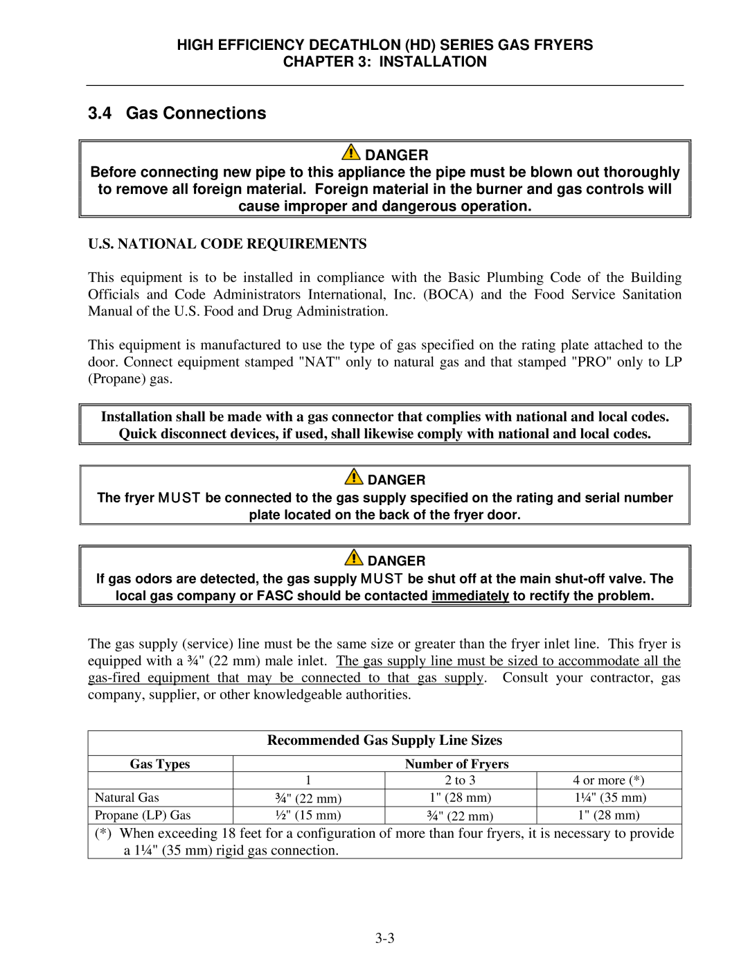 Frymaster SCFHD operation manual Gas Connections, National Code Requirements 