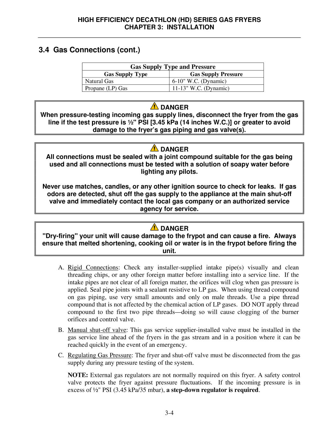 Frymaster SCFHD operation manual Gas Supply Type and Pressure 