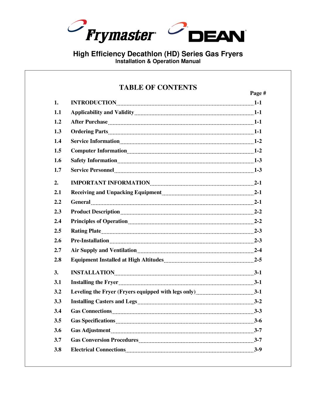 Frymaster SCFHD operation manual High Efficiency Decathlon HD Series Gas Fryers, Table of Contents 