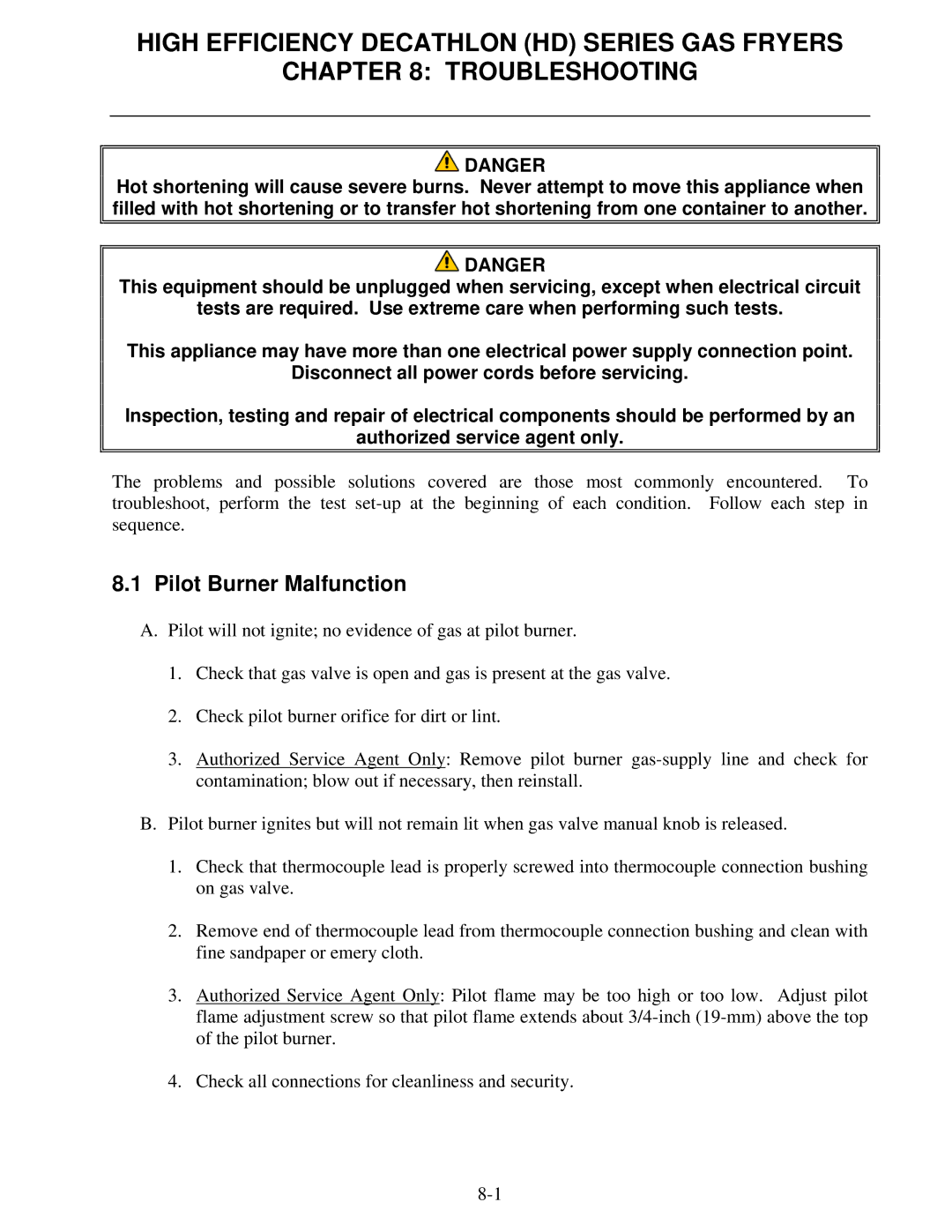 Frymaster SCFHD operation manual Pilot Burner Malfunction 