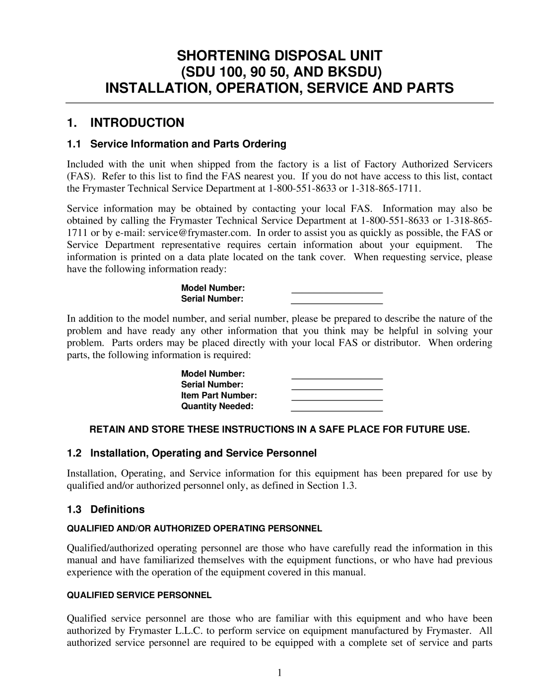 Frymaster SDU 90, BKSDU Service Information and Parts Ordering, Installation, Operating and Service Personnel, Definitions 