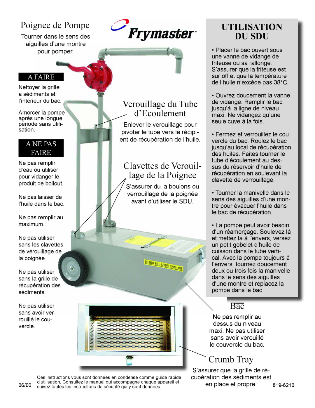 Frymaster SDU manual Poignee de Pompe, Verouillage du Tube ’Ecoulement, Clavettes de Verouil Lage de la Poignee, Bac 