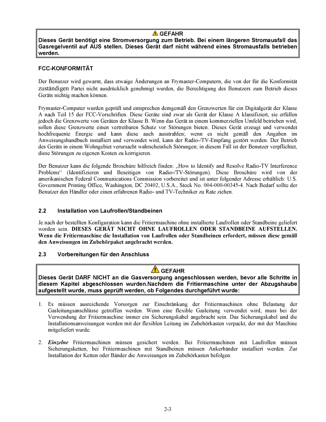 Frymaster Series H50 manual Fcc-Konformität, Installation von Laufrollen/Standbeinen, Vorbereitungen für den Anschluss 