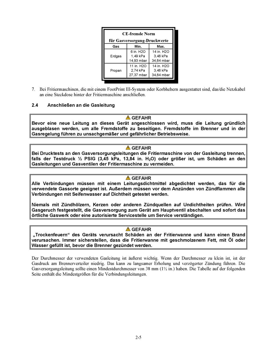 Frymaster Series H50 manual Anschließen an die Gasleitung, CE-fremde Norm Für Gasversorgung-Druckwerte 