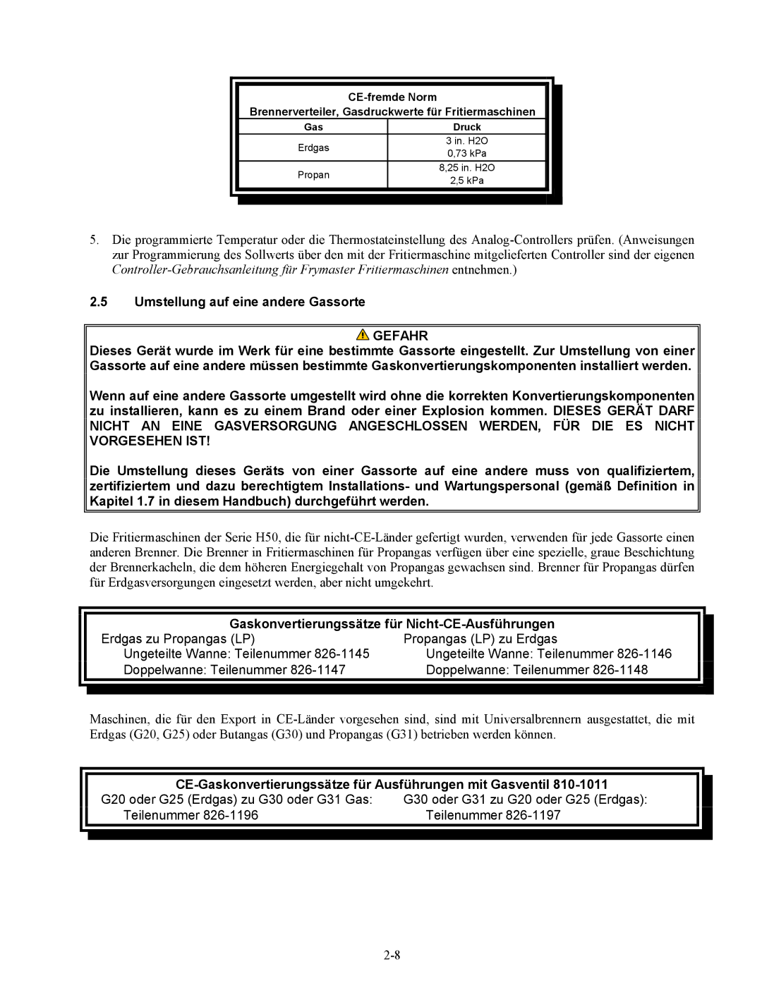 Frymaster Series H50 manual Umstellung auf eine andere Gassorte, Gaskonvertierungssätze für Nicht-CE-Ausführungen 