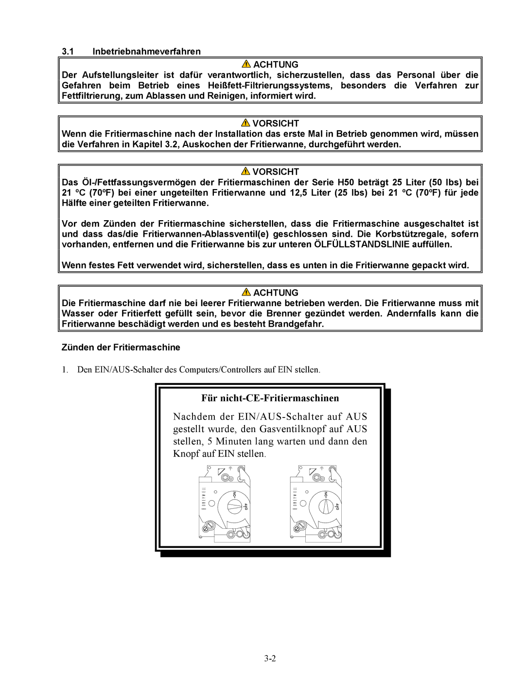 Frymaster Series H50 manual Für nicht-CE-Fritiermaschinen, Inbetriebnahmeverfahren 