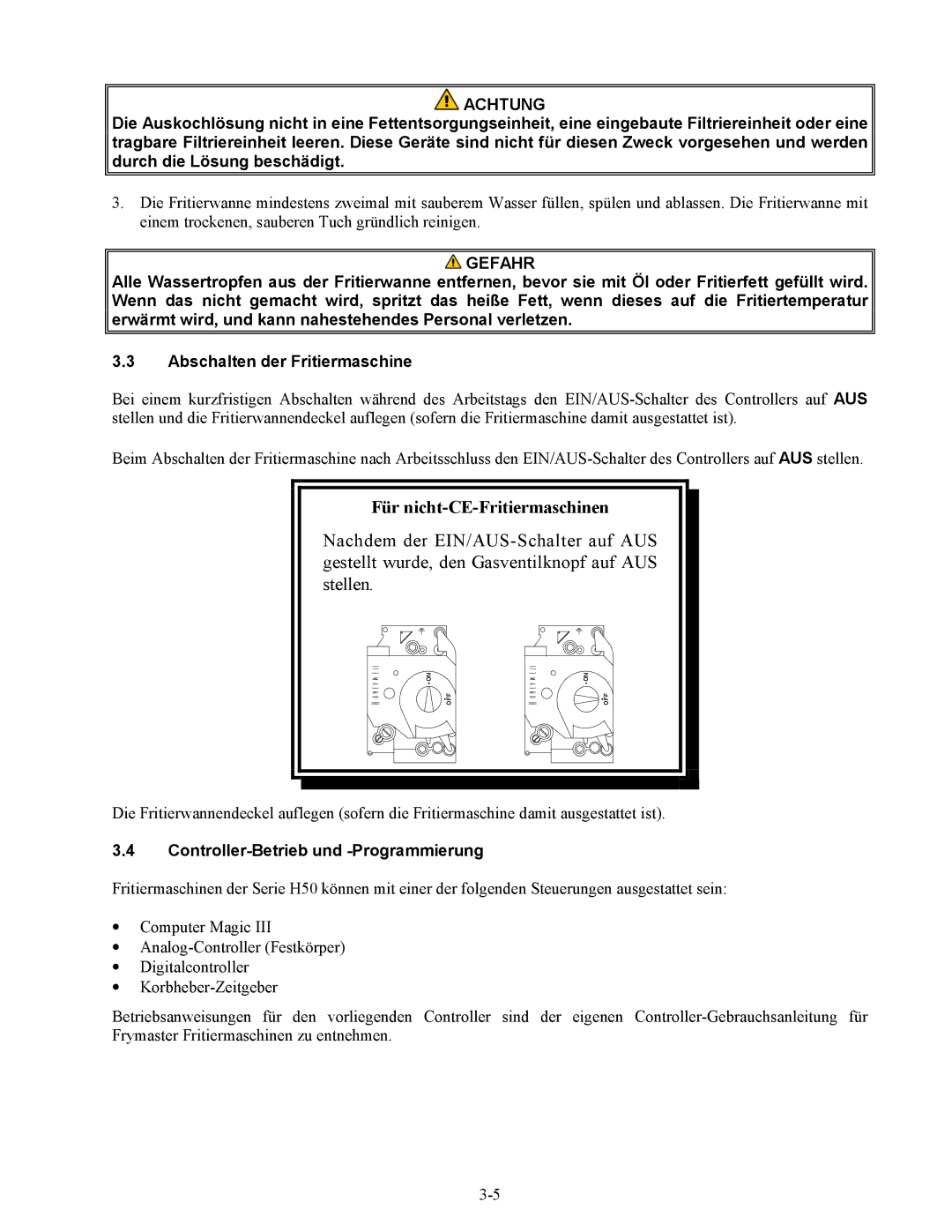 Frymaster Series H50 manual Achtung, Controller-Betrieb und -Programmierung 