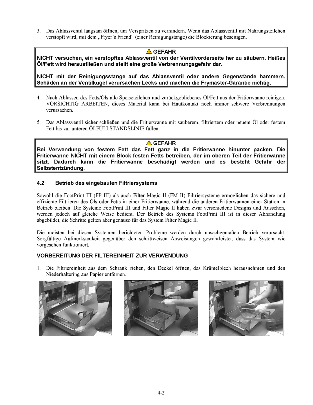 Frymaster Series H50 manual Vorbereitung DER Filtereinheit ZUR Verwendung 