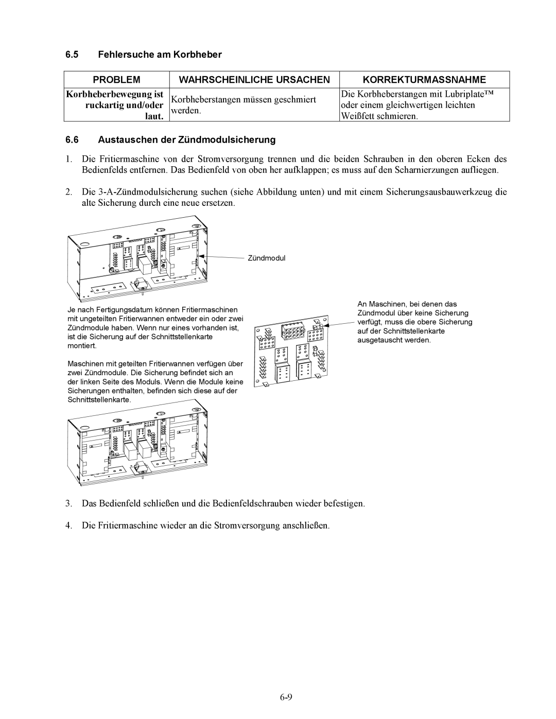 Frymaster Series H50 manual Fehlersuche am Korbheber, Austauschen der Zündmodulsicherung 