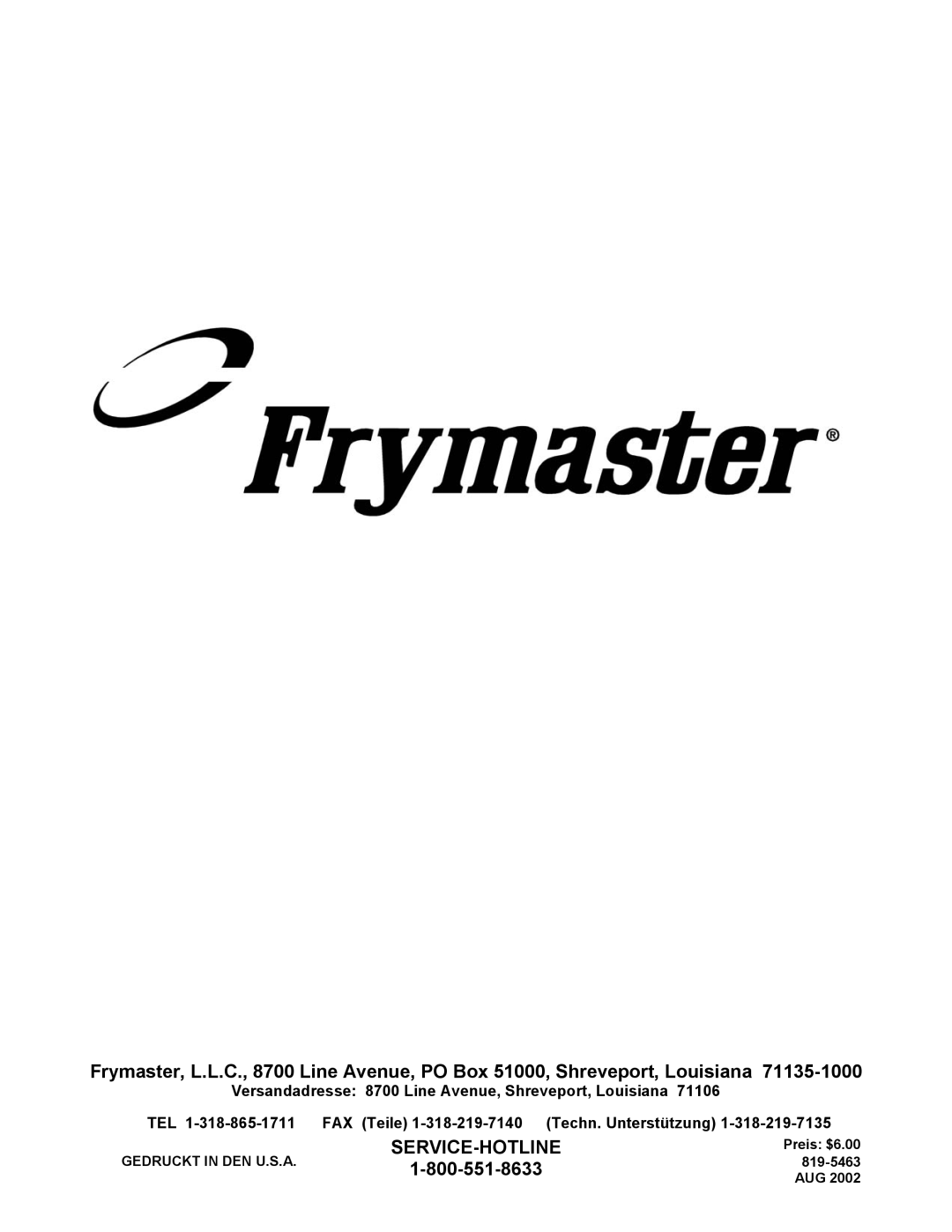 Frymaster Series H50 manual Service-Hotline 