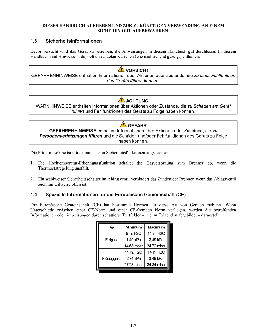 Frymaster Series H50 manual Vorsicht, Achtung, Gefahr 