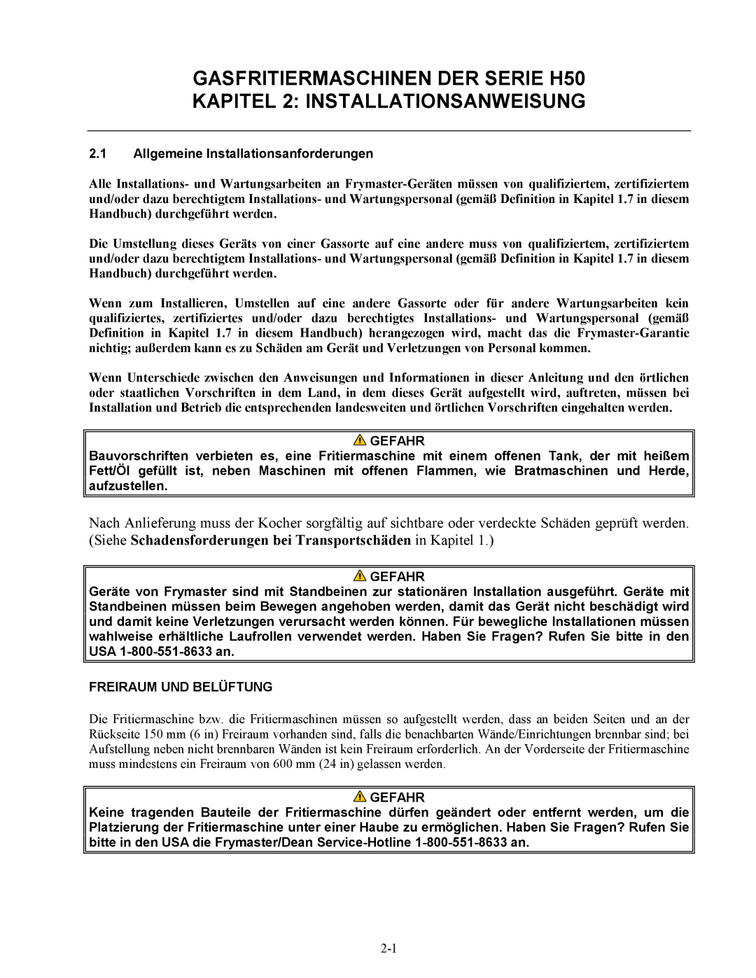 Frymaster Series H50 manual Allgemeine Installationsanforderungen, Freiraum UND Belüftung 