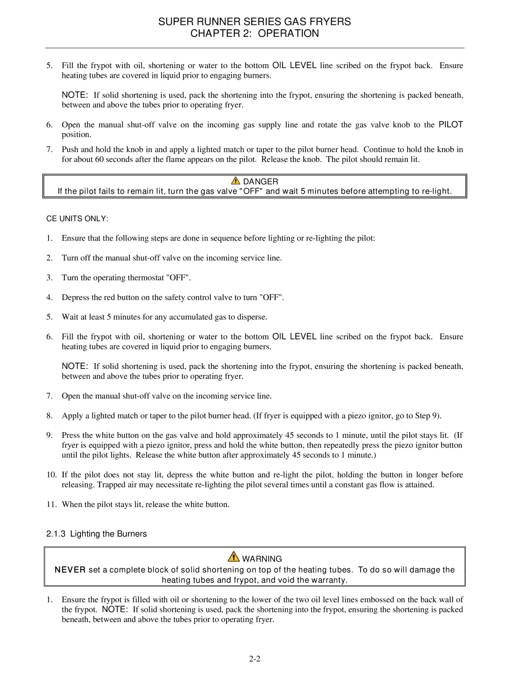 Frymaster Series SR62, Series SR52 operation manual Lighting the Burners 