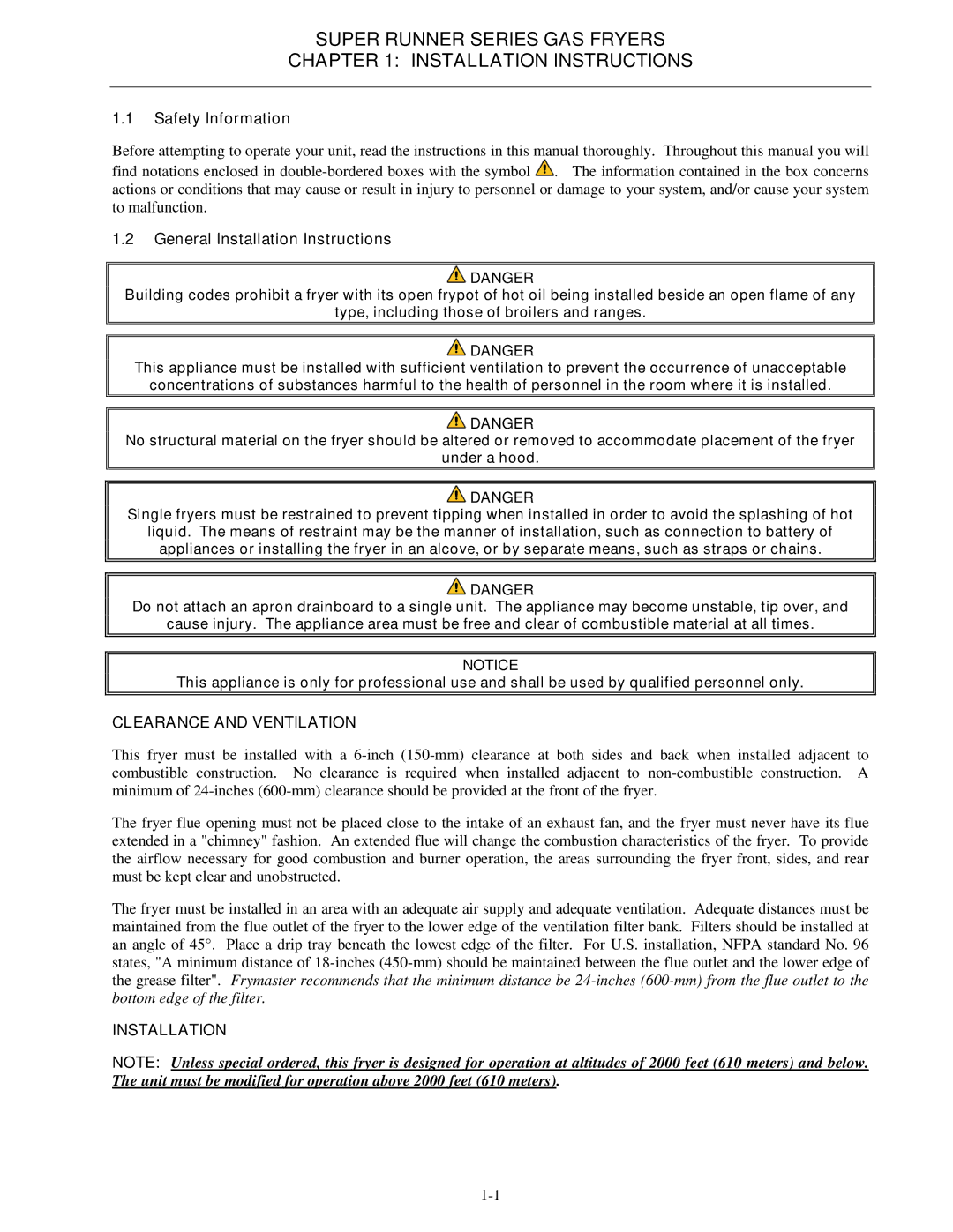 Frymaster Series SR52, Series SR62 Super Runner Series GAS Fryers Installation Instructions, Safety Information 