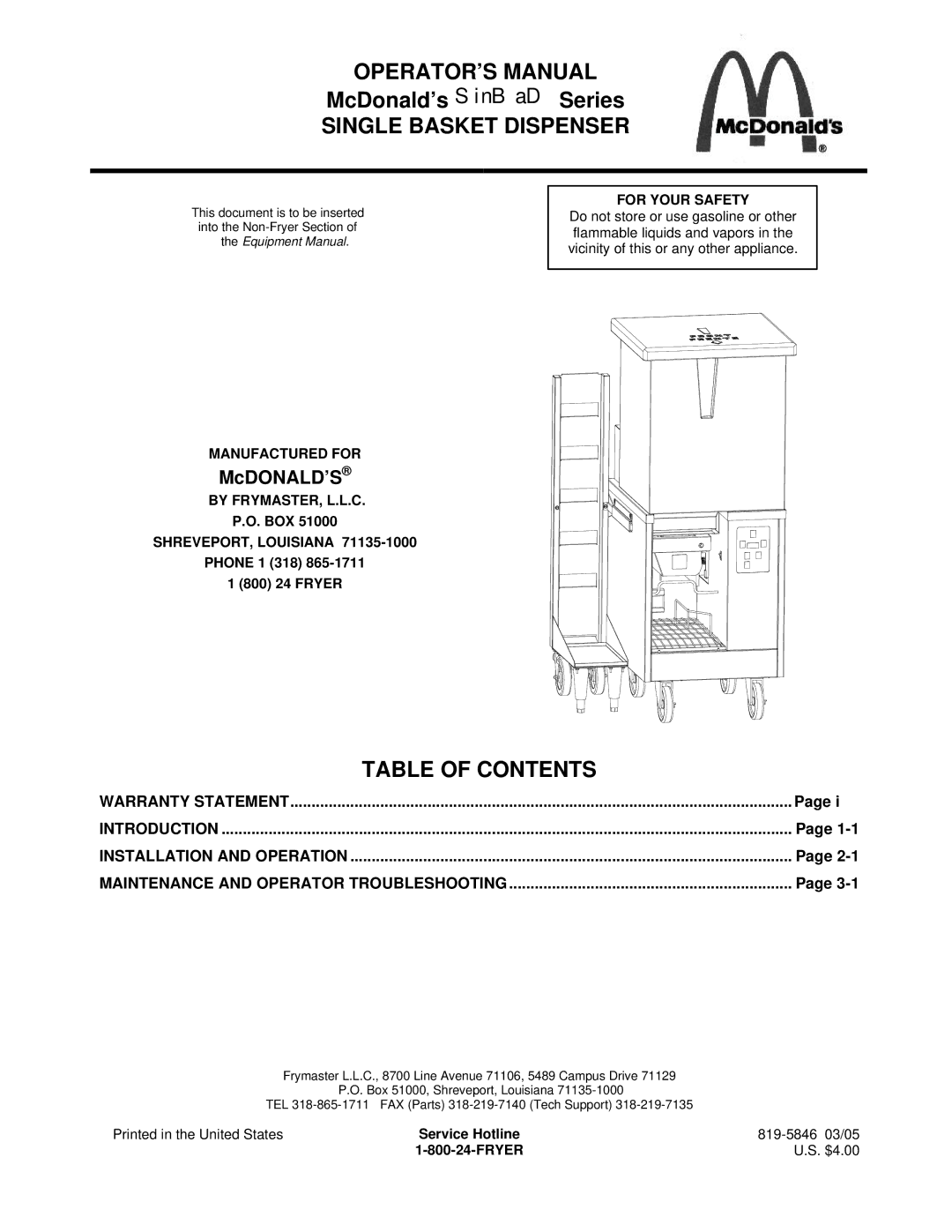 Frymaster SinBaD Series warranty OPERATOR’S Manual 