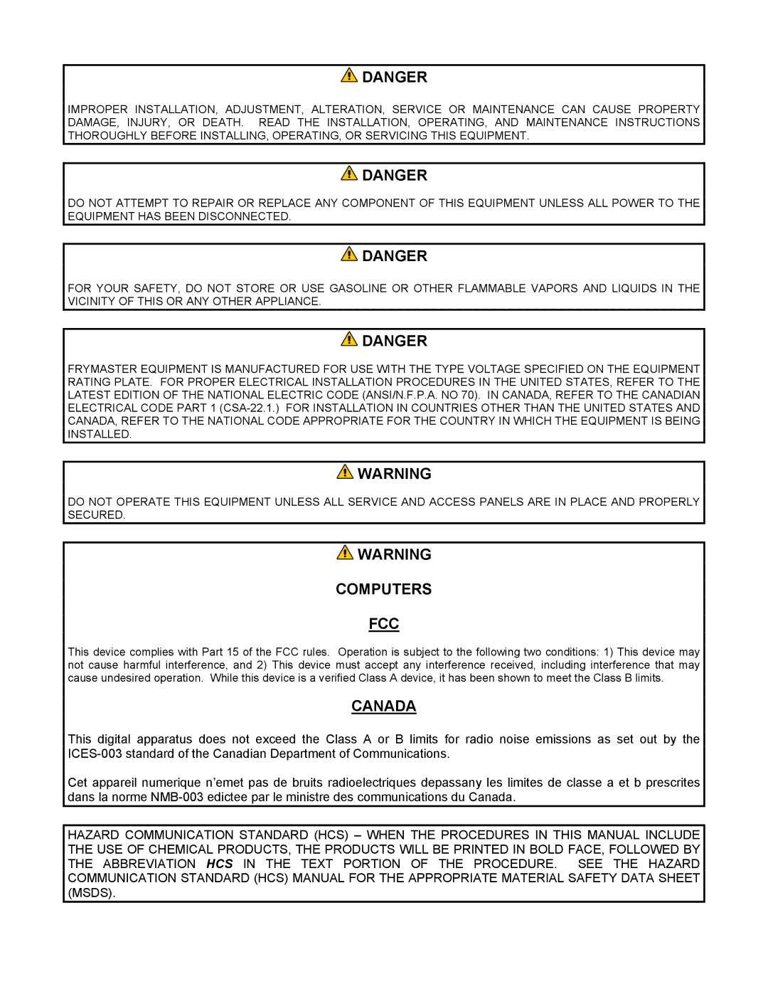 Frymaster SinBaD Series warranty Computers FCC 