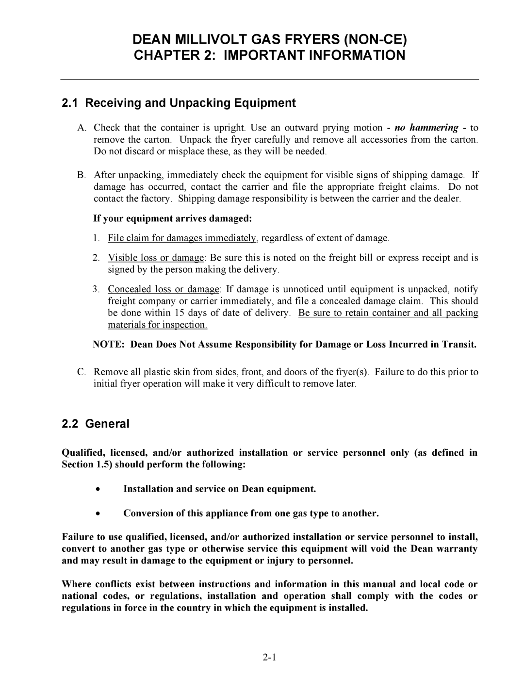 Frymaster SM35 operation manual Receiving and Unpacking Equipment, General, If your equipment arrives damaged 