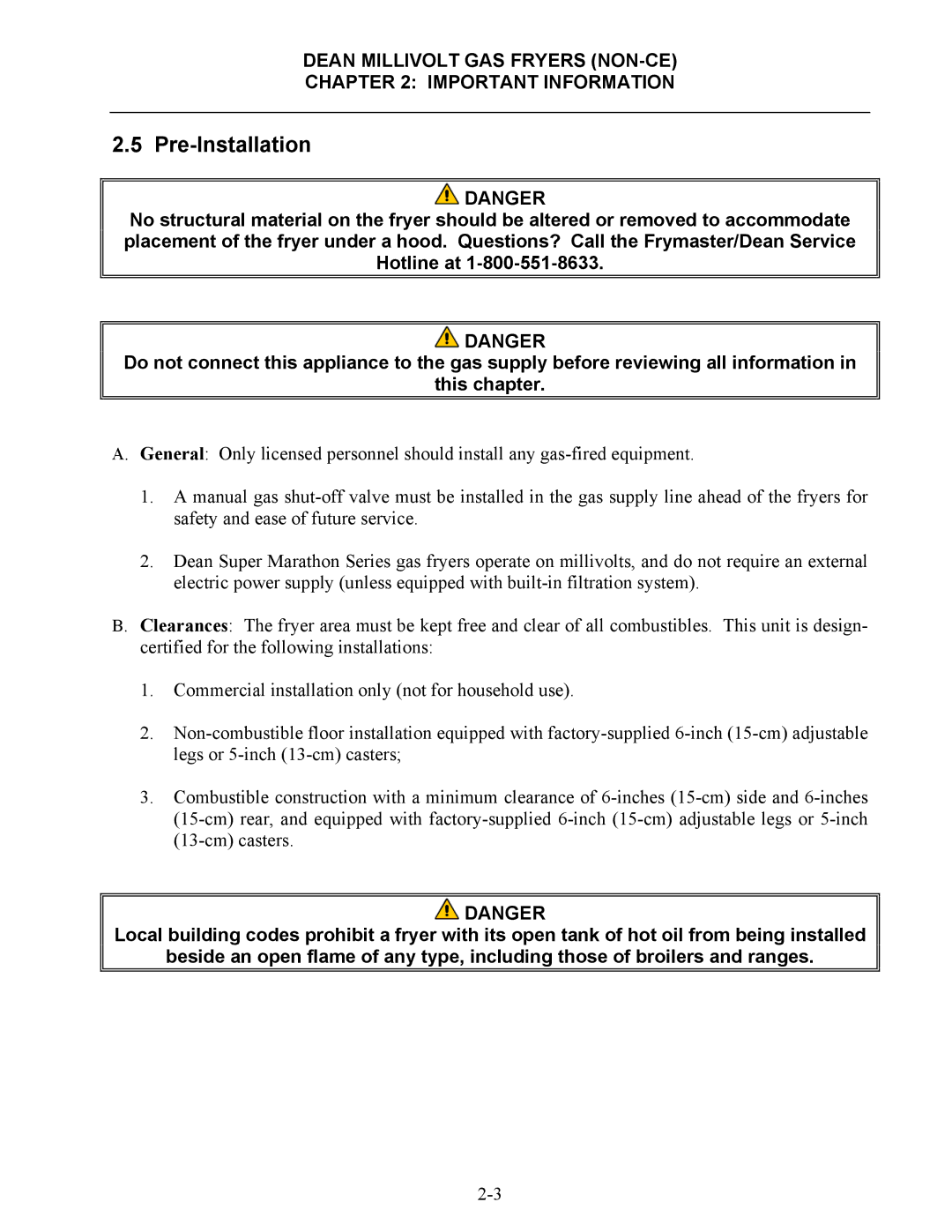 Frymaster SM35 operation manual Pre-Installation 