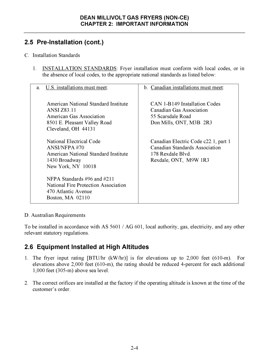 Frymaster SM35 operation manual Equipment Installed at High Altitudes, ANSI/NFPA #70 