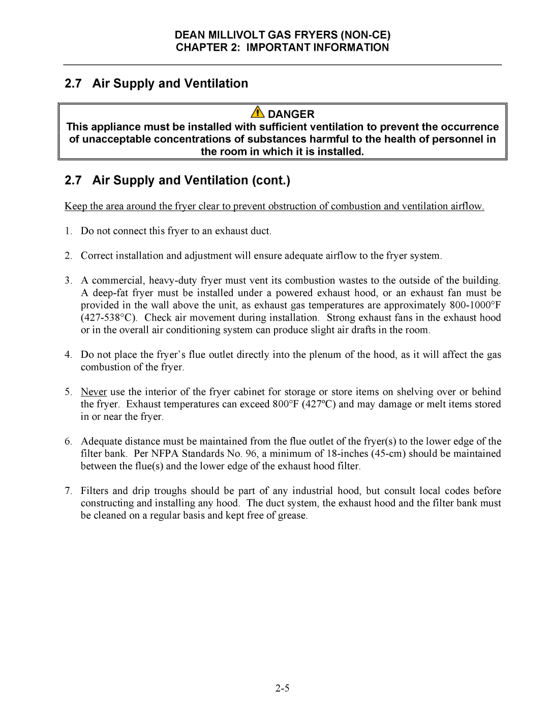 Frymaster SM35 operation manual Air Supply and Ventilation 