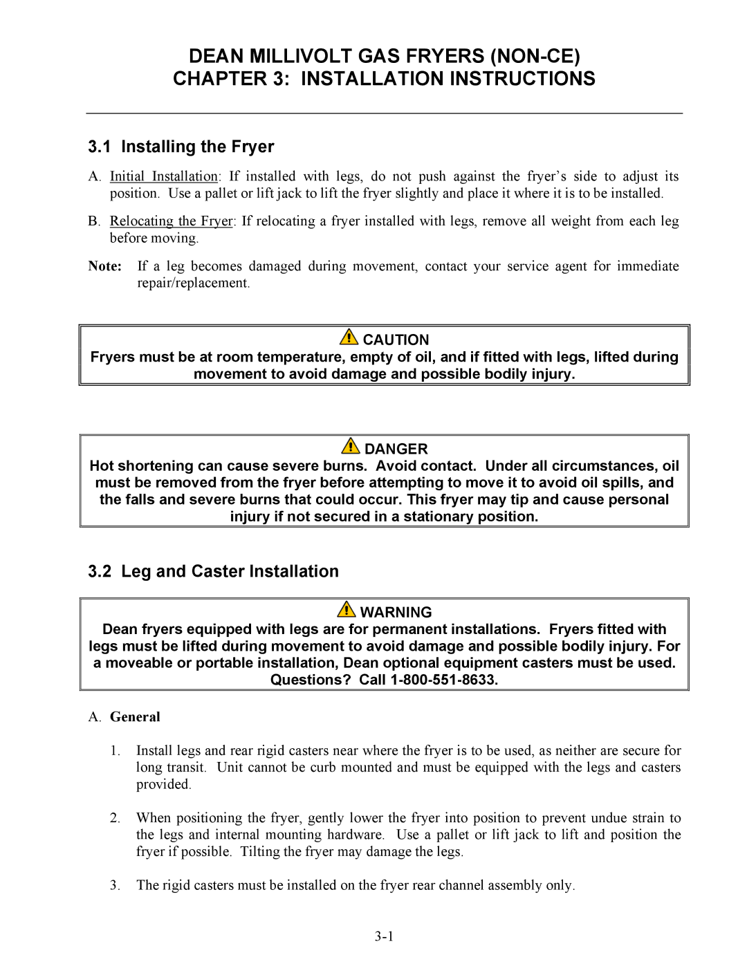 Frymaster SM35 operation manual Installing the Fryer, Leg and Caster Installation, General 