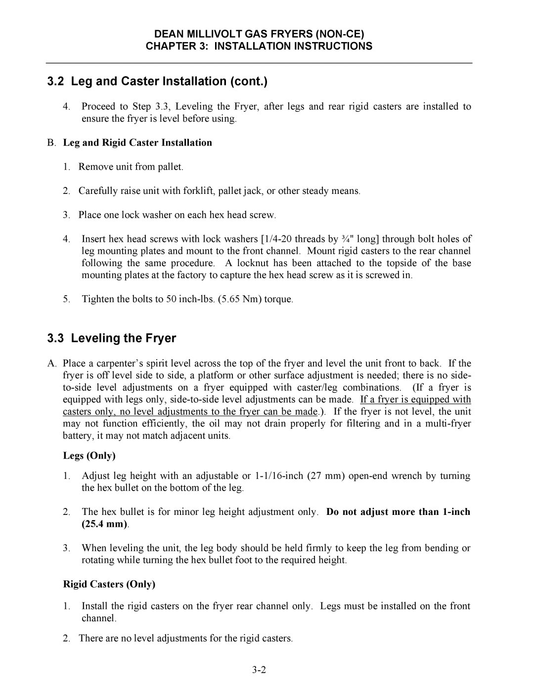 Frymaster SM35 operation manual Leveling the Fryer, Leg and Rigid Caster Installation, Legs Only, Rigid Casters Only 