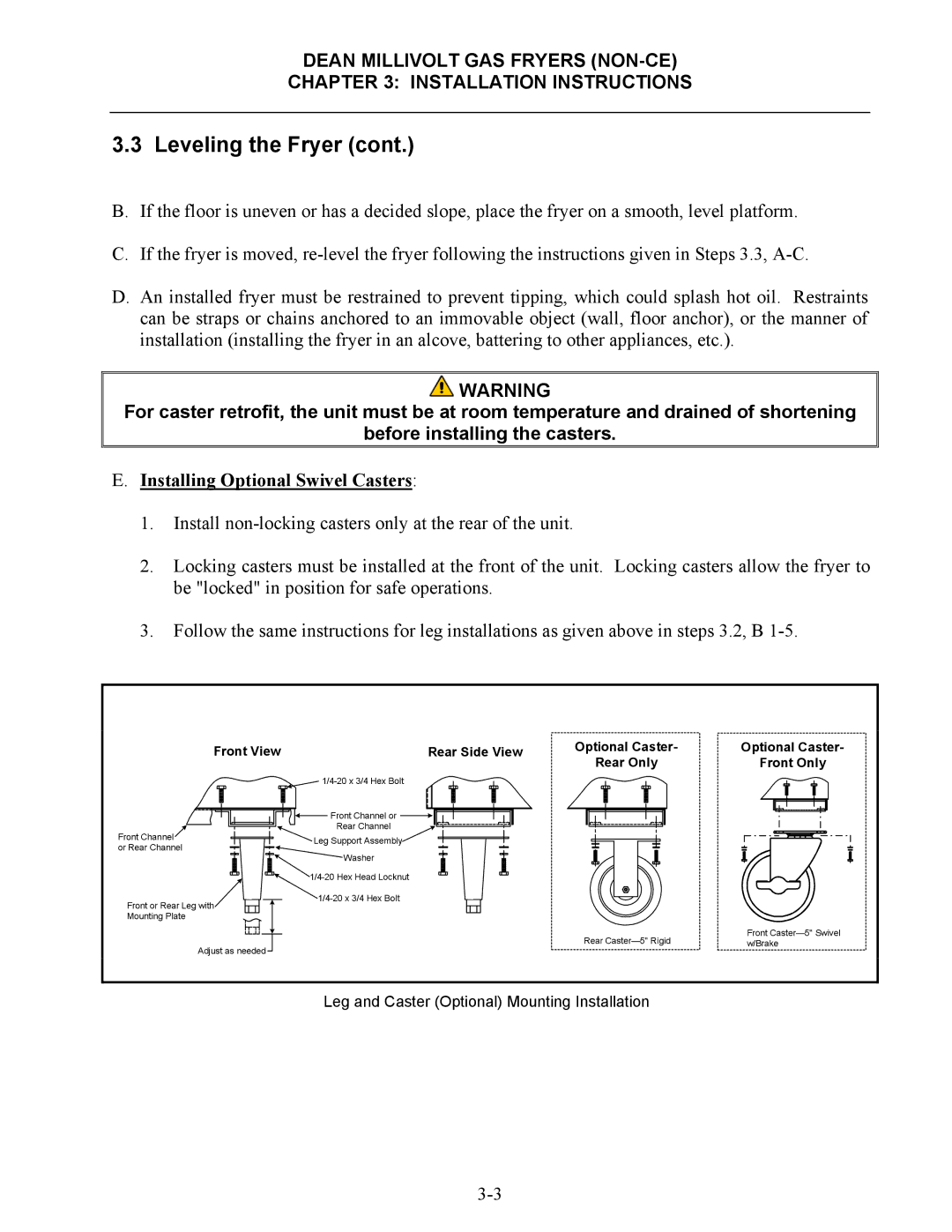 Frymaster SM35 operation manual Installing Optional Swivel Casters, Front ViewRear Side View 