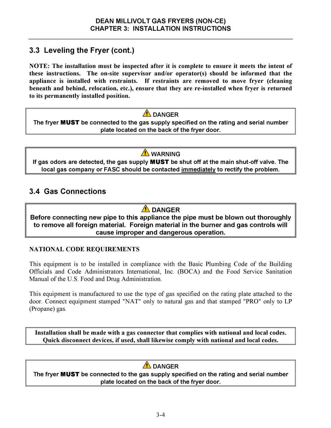 Frymaster SM35 operation manual Gas Connections, National Code Requirements 