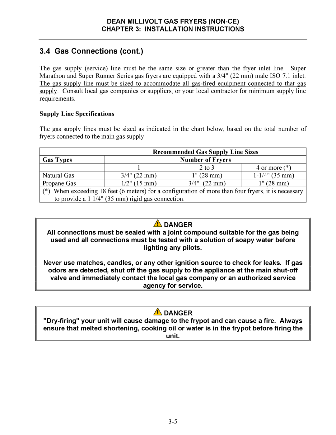 Frymaster SM35 operation manual Supply Line Specifications, Recommended Gas Supply Line Sizes Gas Types Number of Fryers 